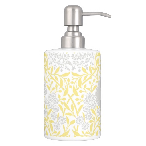 Monogrammed Yellow Gray Floral Damask Pattern Toothbrush Holder